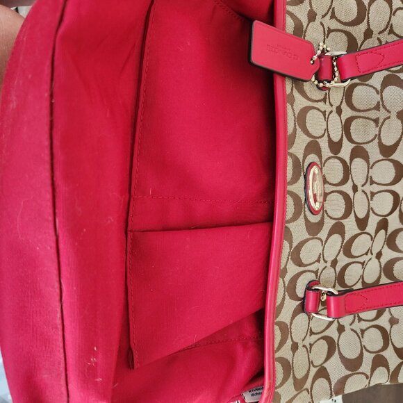 Coach Signature Khaki & Red Leather Medium Handbag Satchel Purse - Picture 13 of 14
